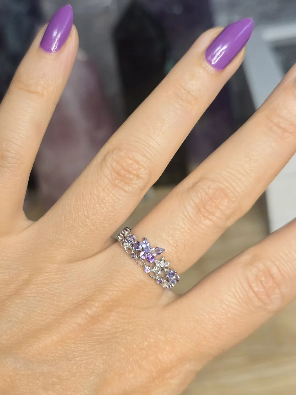Butterfly Floral Tanzanite & Amethyst Faceted Gemstone Ring Size 7